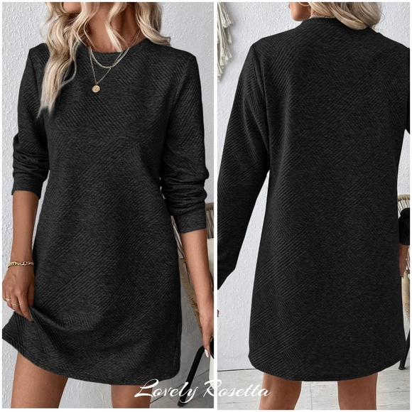 Black Round Neck Textured Mini Dress - Picture 1 of 5